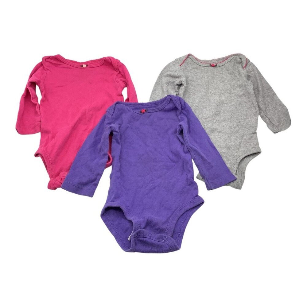 Lot‎ of 3 Carter’s Baby Girl Long Sleeve Bodysuits 6M Pink Purple Gray Cotton